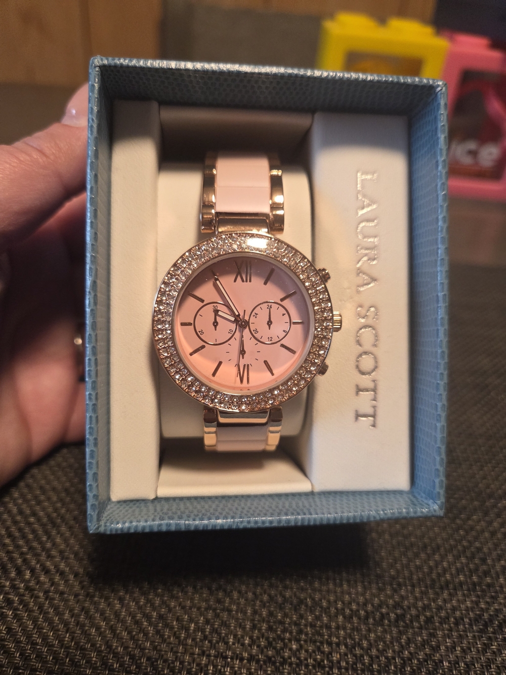 Laura Scott Rose Gold-Tone Pink Dial Crystal Bezel Bracelet Watch